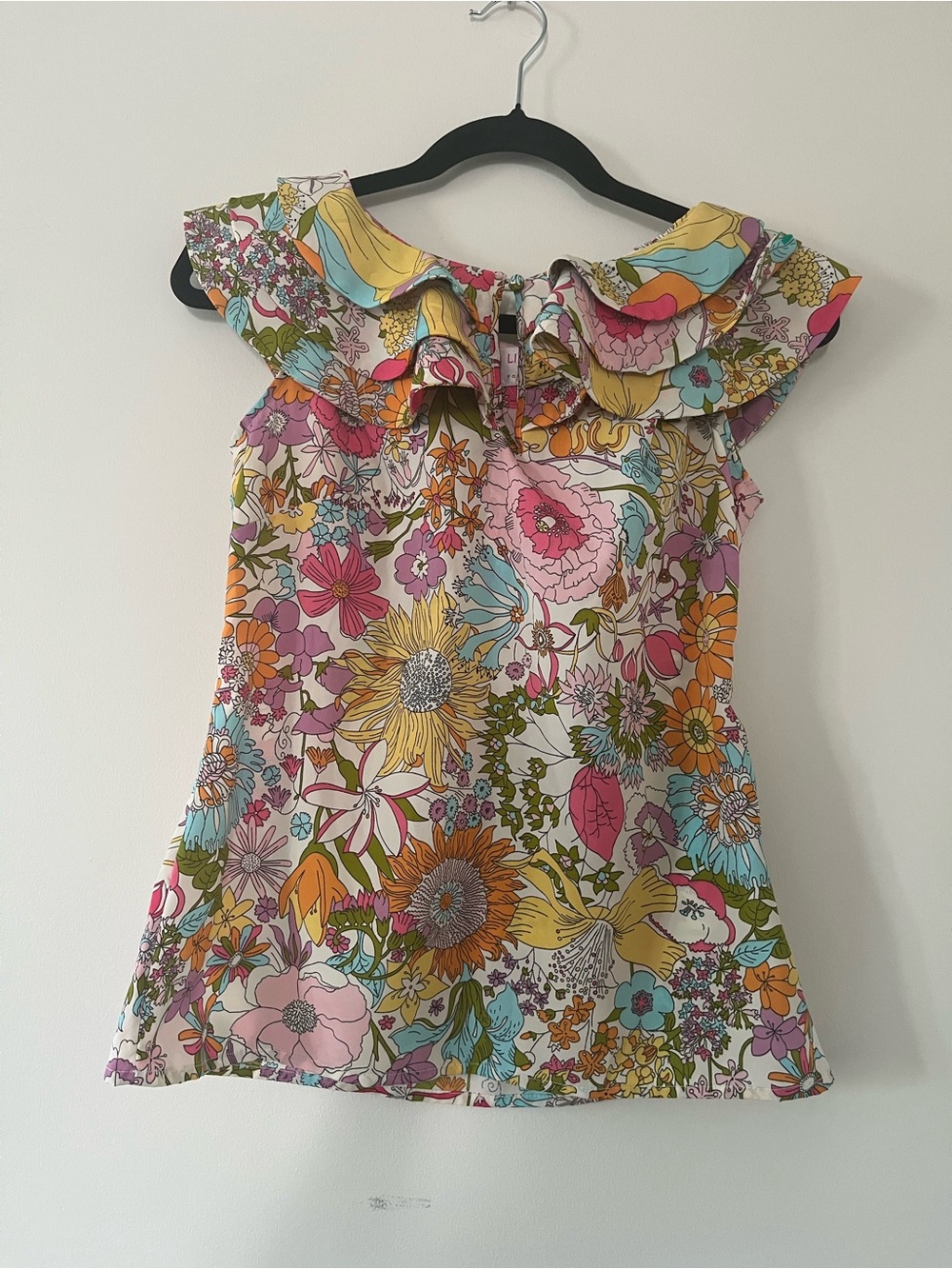 Liberty of London Pink Yellow Floral Ruffle Blouse XS Colorful Cottagecore